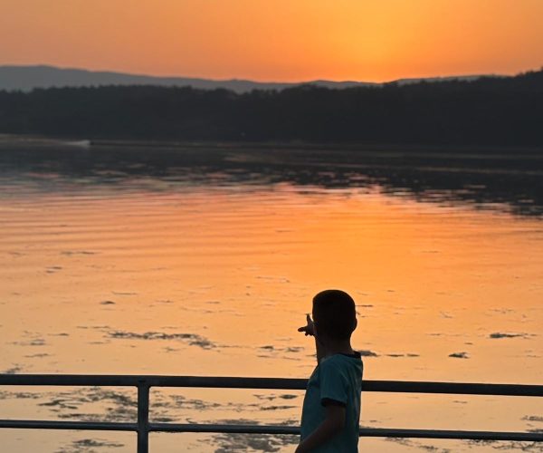 Niño observando el atardecer junto al mar
